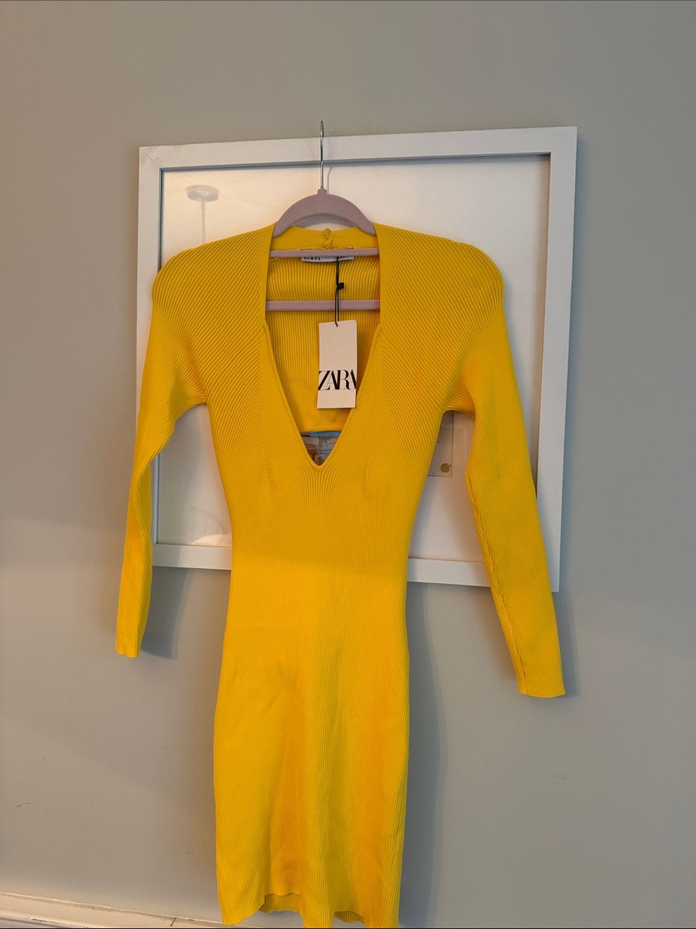 Zara Bright Yellow Ribbed V-Neck Long Sleeve Dress Back Cut Out Medium